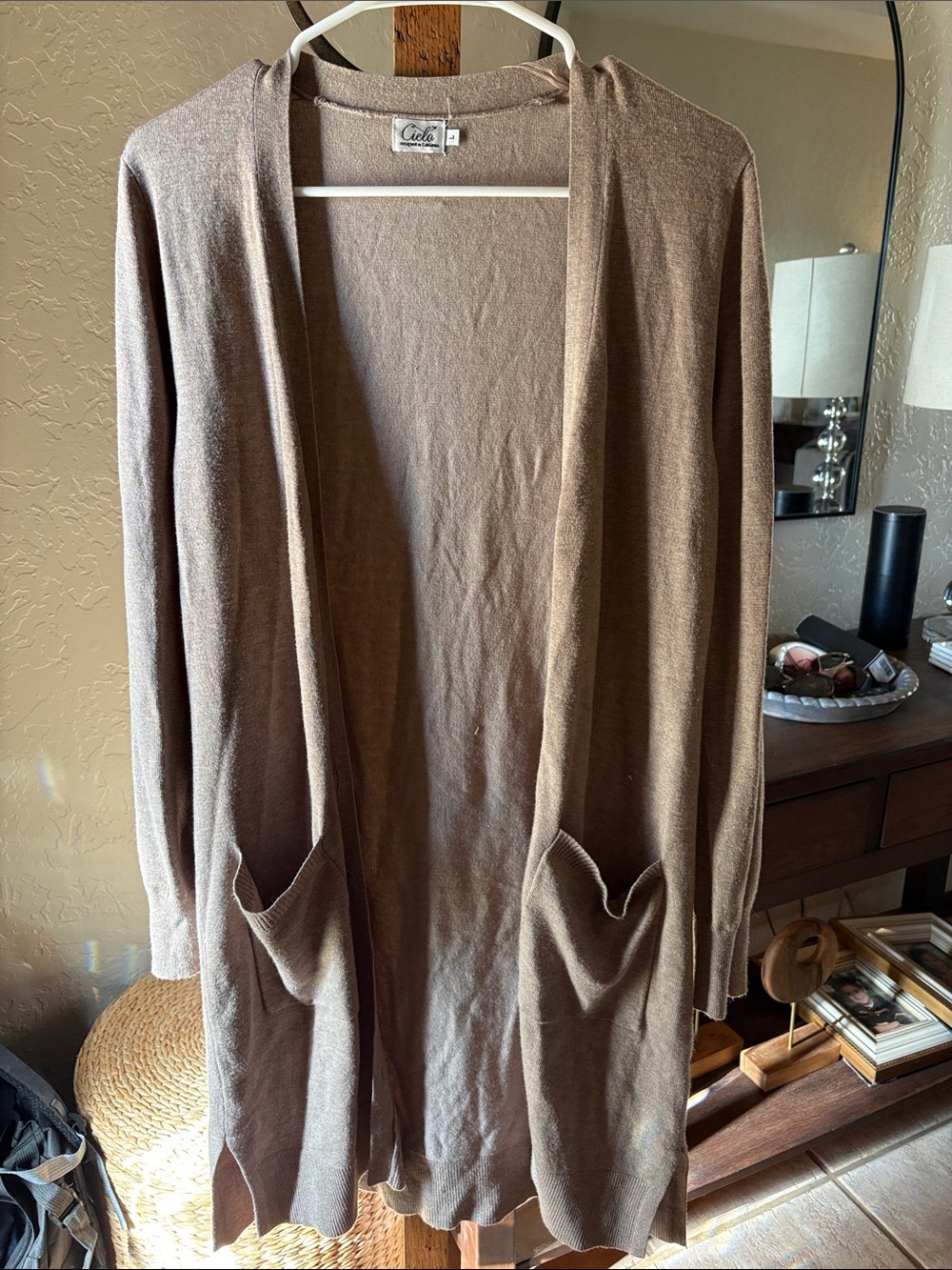 Cielo Open-Front Long Cardigan in Taupe Brown